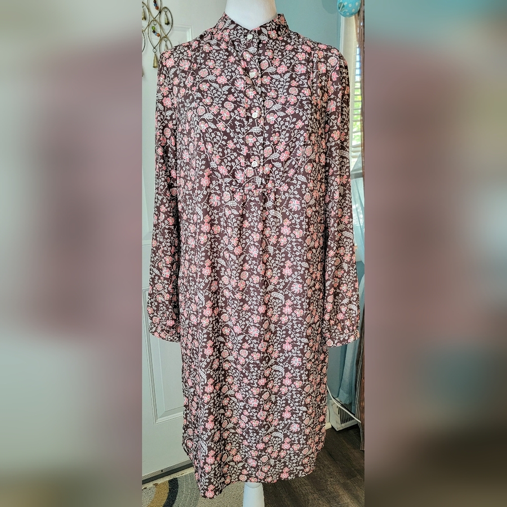 J McLaughlin Midi Shift Dress Women's S Brown Pink White Boho Floral Cottagecore